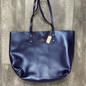 Coach Town Tote Bag in Navy Blue Metallic Leather